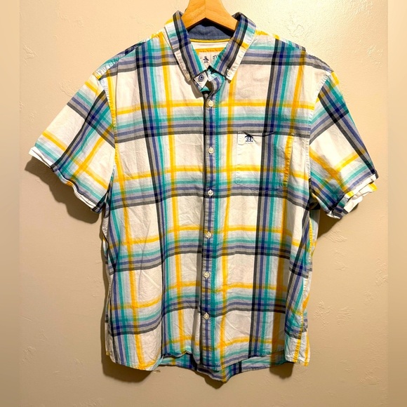 Original Penguin Men's Multicolor Plaid Button Down Short Sleeve Shirt Cotton XL - Picture 2 of 12